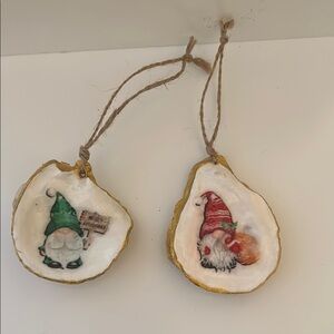 2 Decoupage Oyster Shell Festive Gnome Holiday Ornaments with Gold Trim